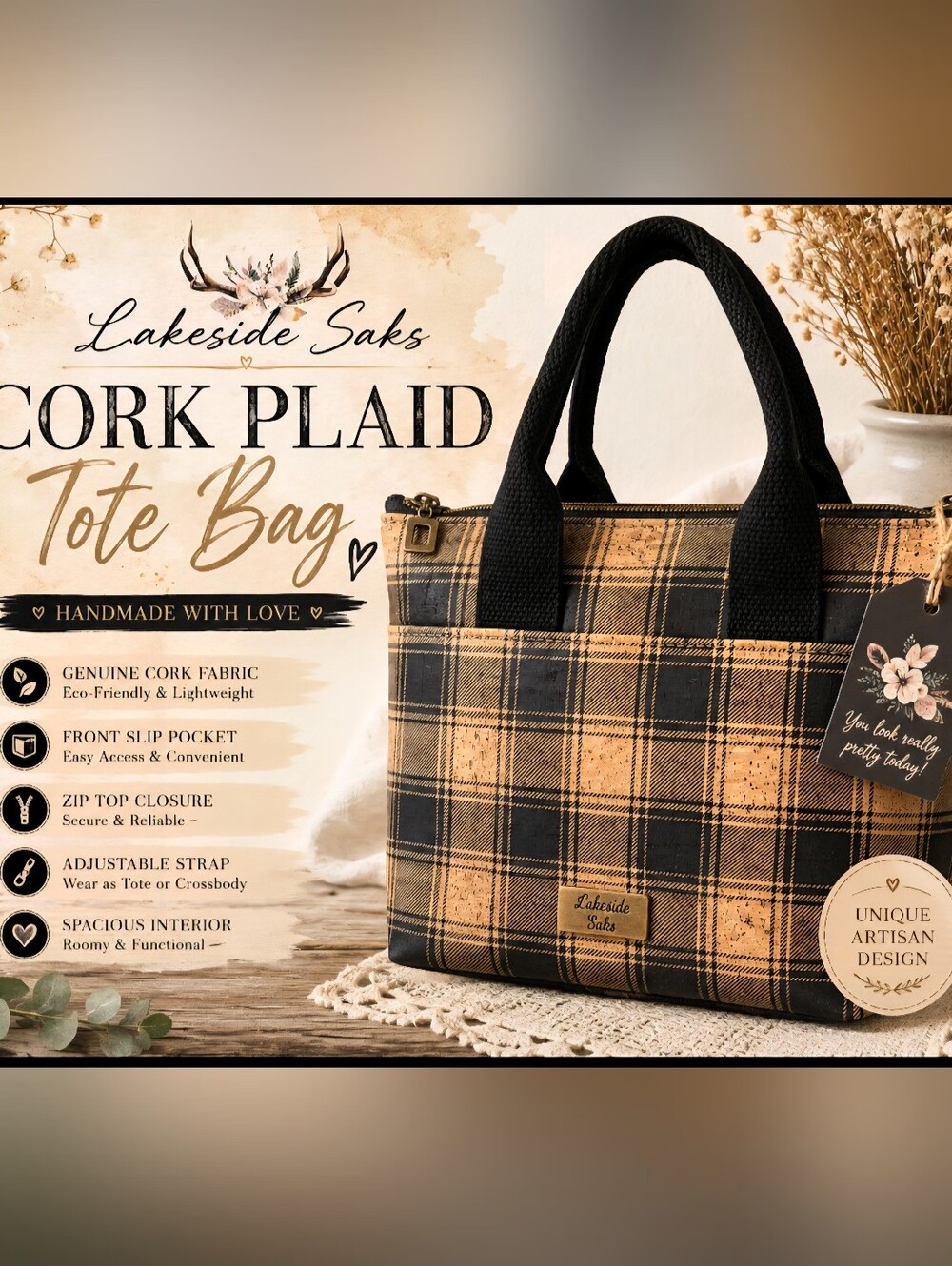Lakeside Saks Handmade Cork Plaid Tote Bag | Adjustable Strap | Artisan Purse